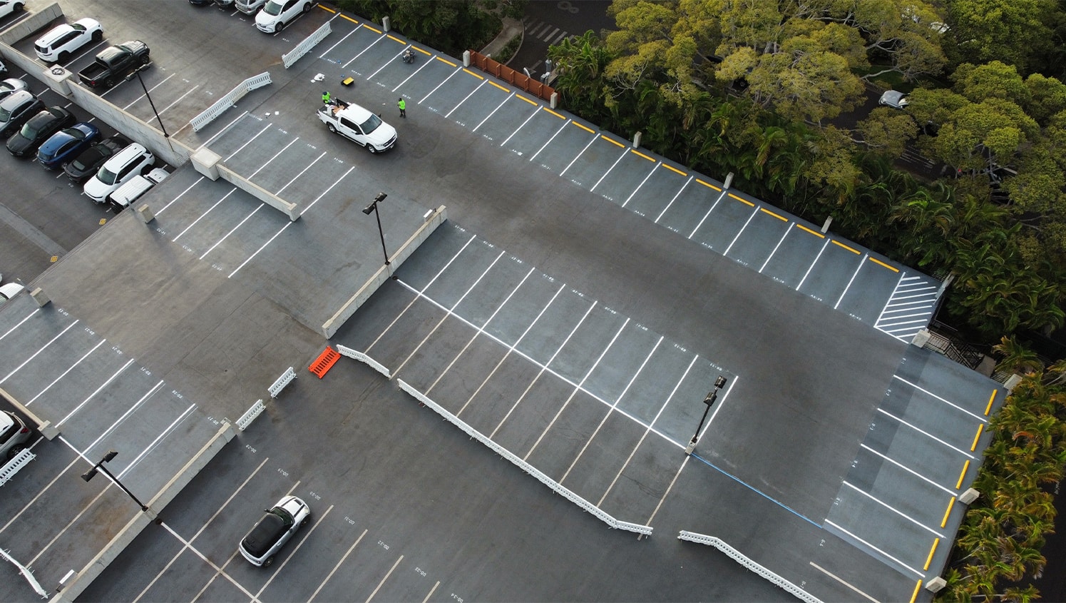 aerial view of whole parking lot with freshly painted line markings
