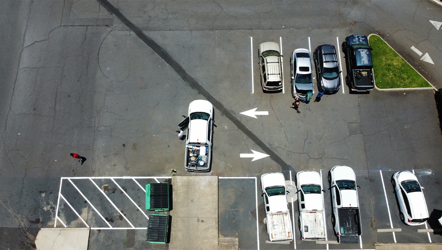 aerial view of O'Reilly Auto Parts parking lot with freshly painted parking spots