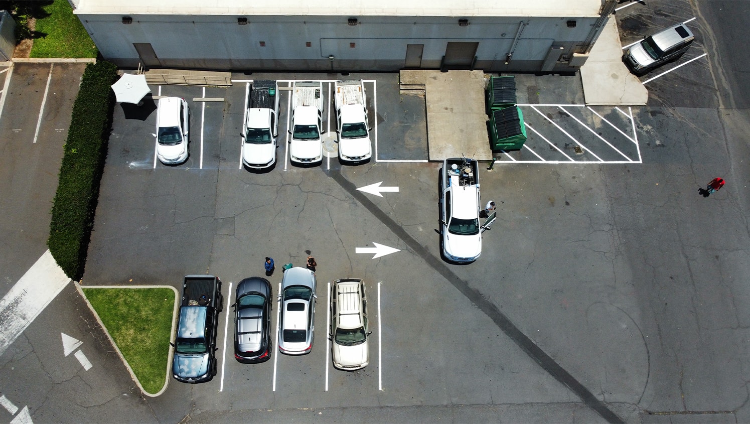 aerial view of O'Reilly Auto Parts parking lot with freshly painted line markings